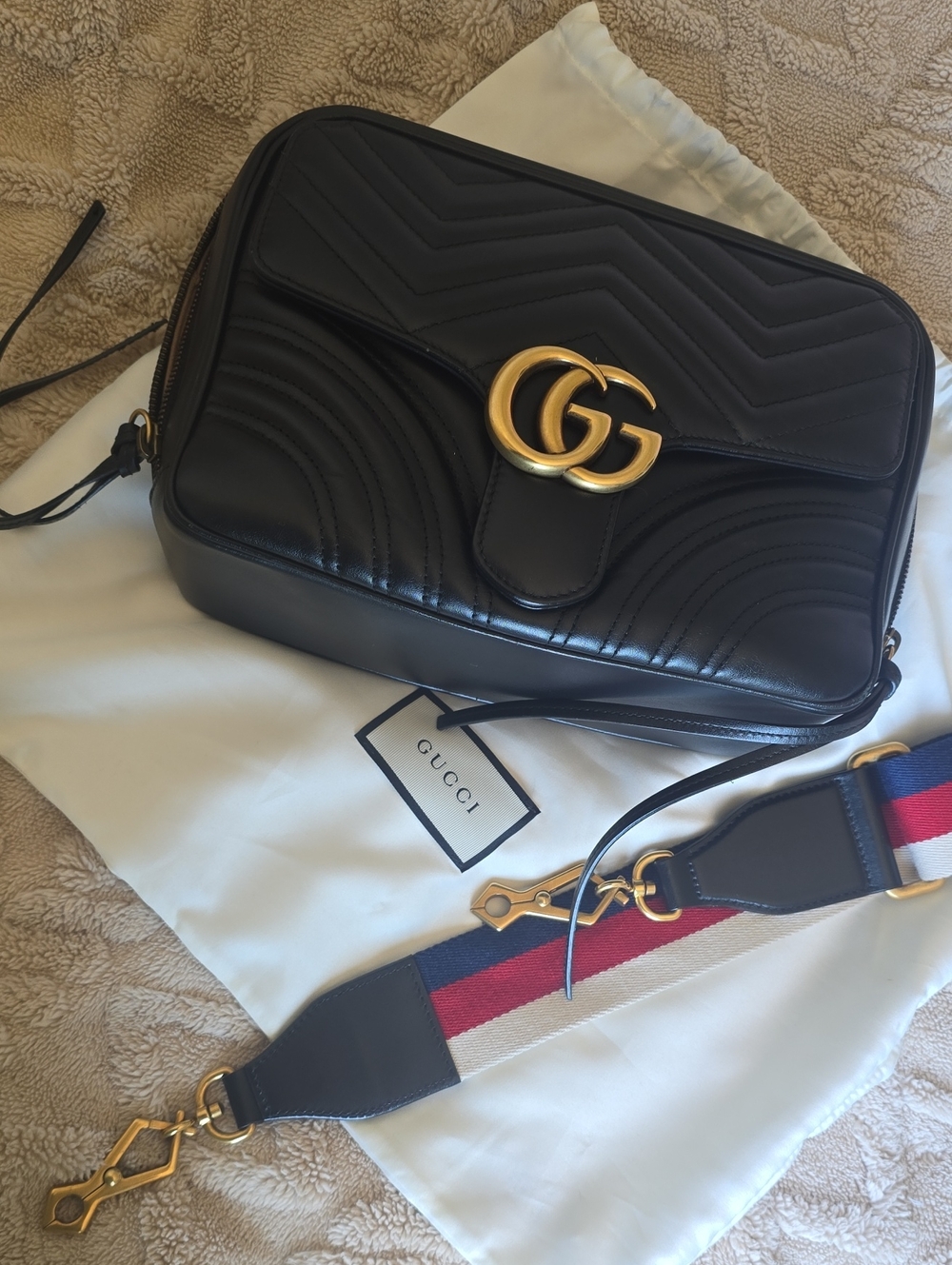 Gucci Black Leather GG Marmont Crossbody with Red-Blue Strap